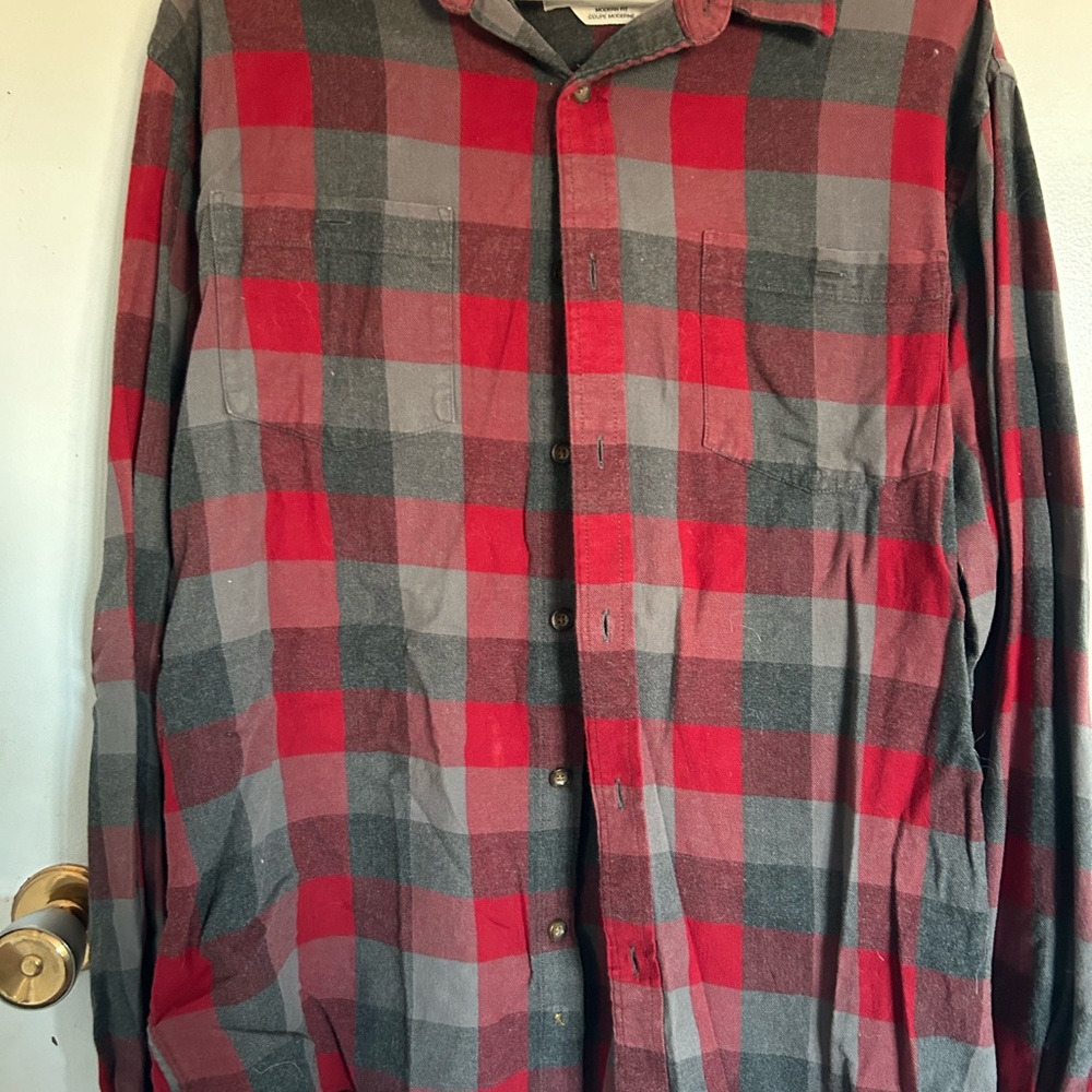 Red and Gray Plaid Button-Up Shirt